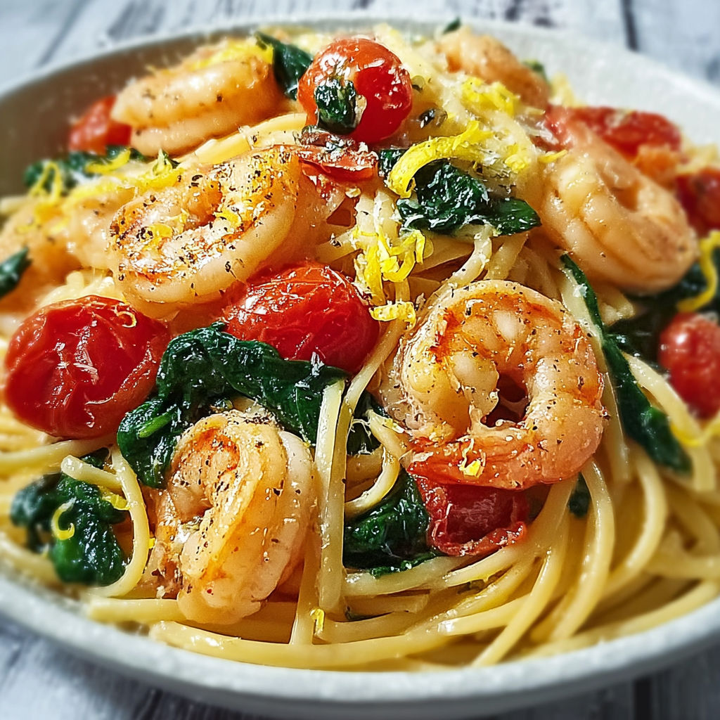 Pâtes avec crevettes, tomates et épinards, baignés dans une sauce beurre ail toute simple.