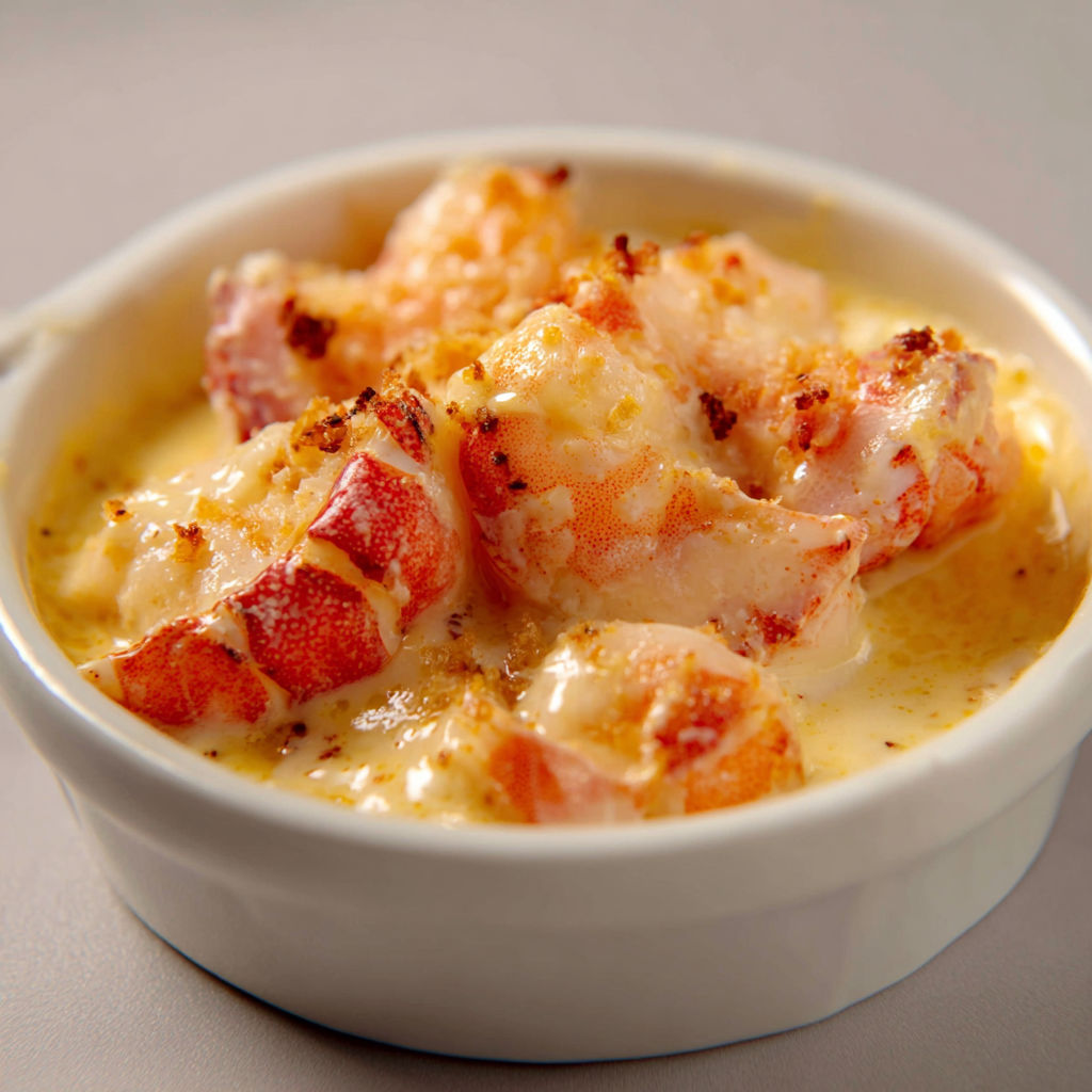 Une belle cassolette de langouste flambée au cognac dans un bol.