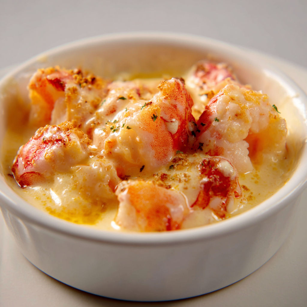 Bol garni d'une soupe de langoustines avec croûtons.