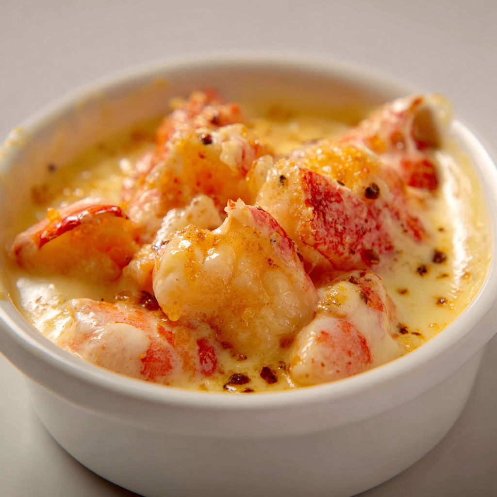 Bol avec soupe de langoustines et crème onctueuse.
