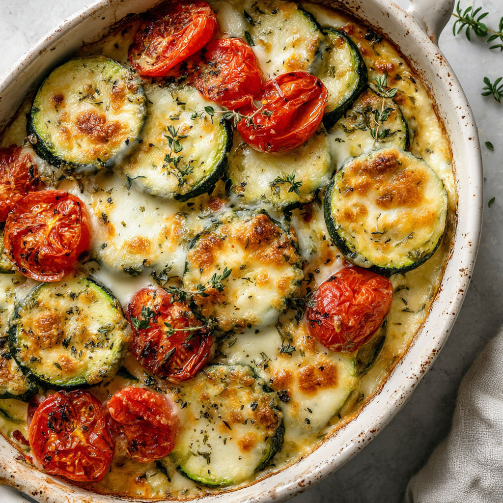 Dans un bol en terre, tu trouves des courgettes gratinées à la mozzarella et recouvertes de tomates, avec des herbes dessus.
