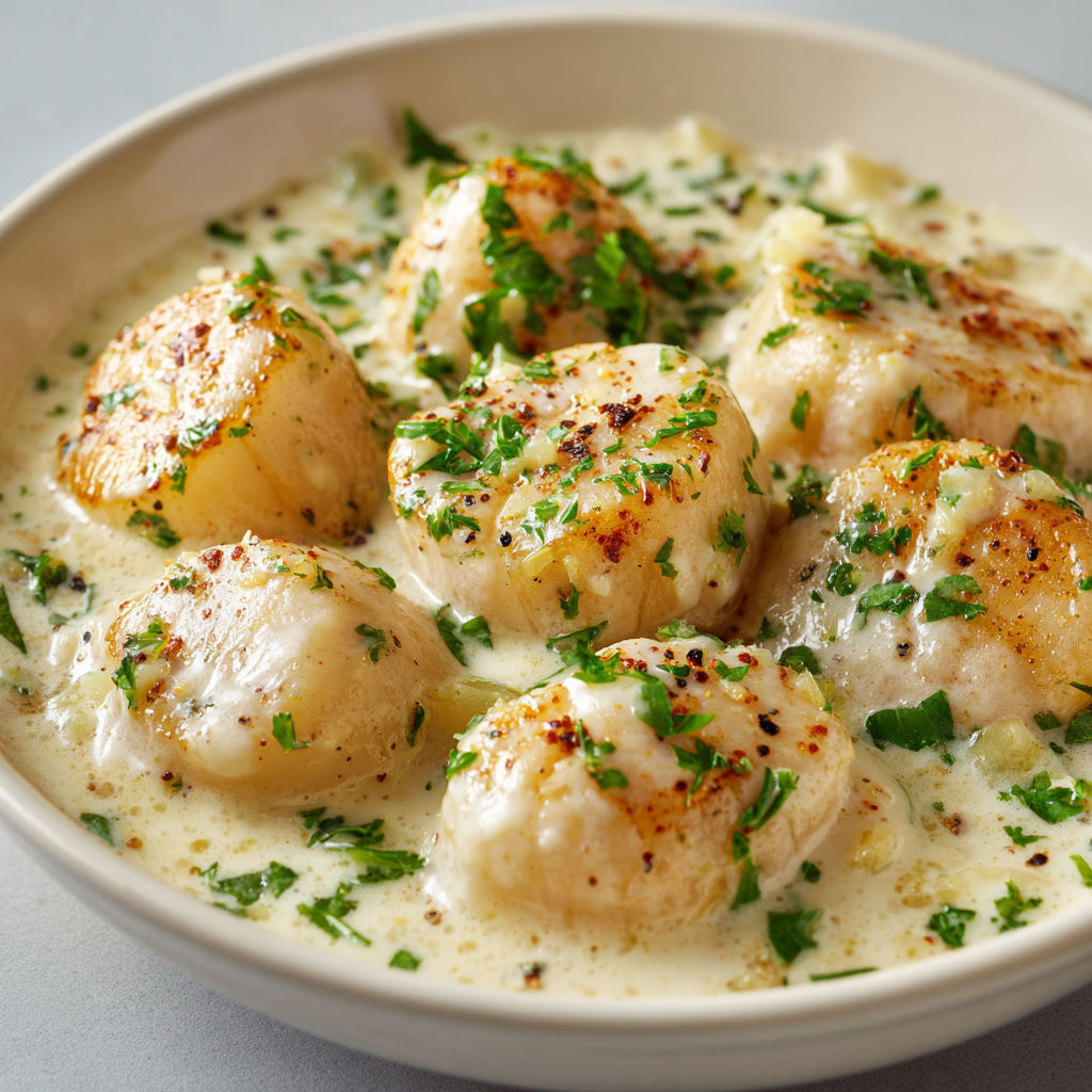 Plat gourmand de cassolettes Saint-Jacques nappées de sauce vin blanc crémeuse.