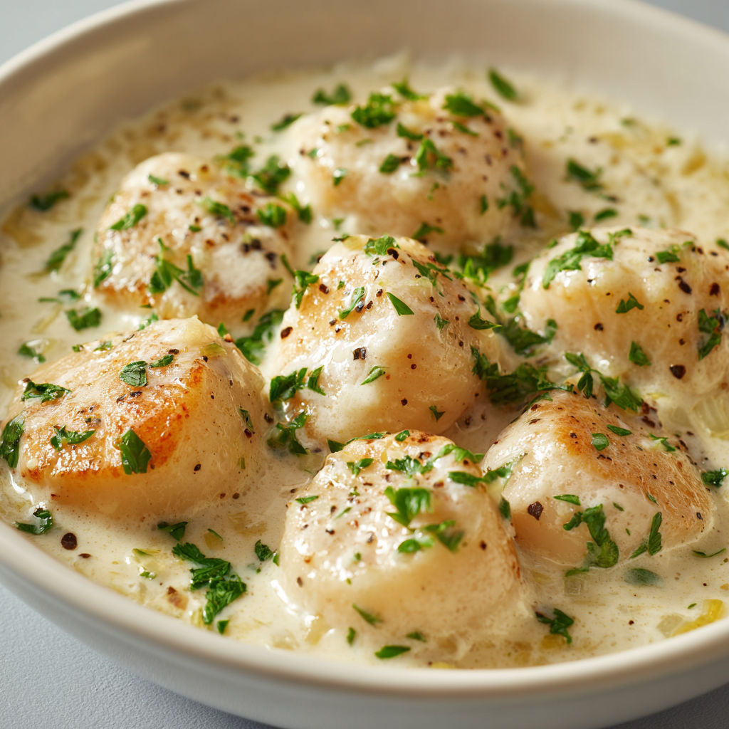 Une soupe aux Saint-Jacques garnie de persil frais.