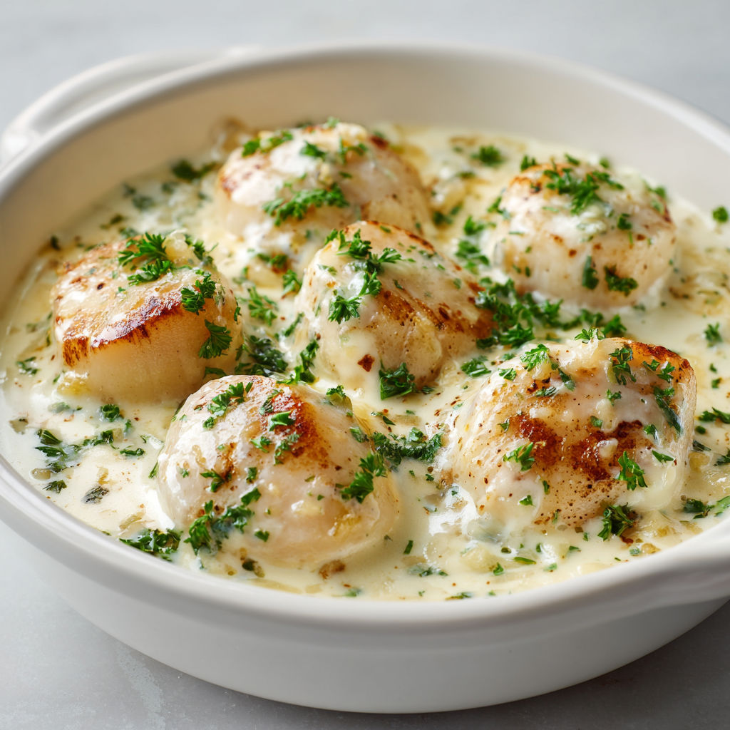 Une cocotte généreuse de Saint-Jacques avec des légumes et des herbes.