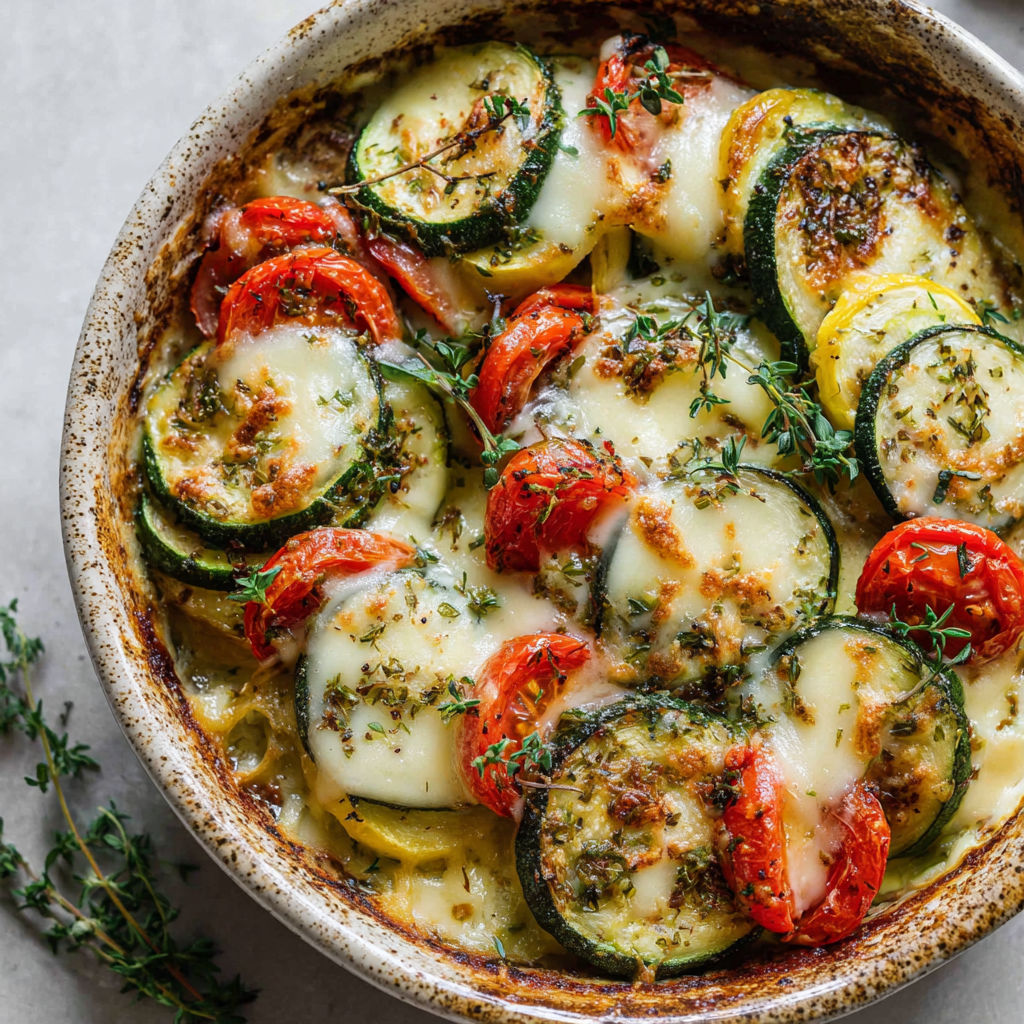 Une pizza maison pleine de courgettes, tomates, herbes fraîches et fromage fondant.