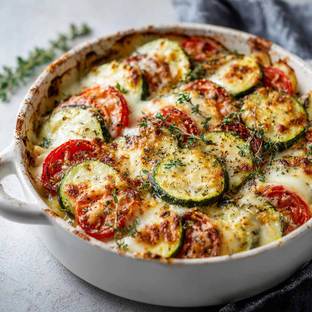 Un gratin fondant de courgettes et tomates, servi dans un joli bol en céramique.