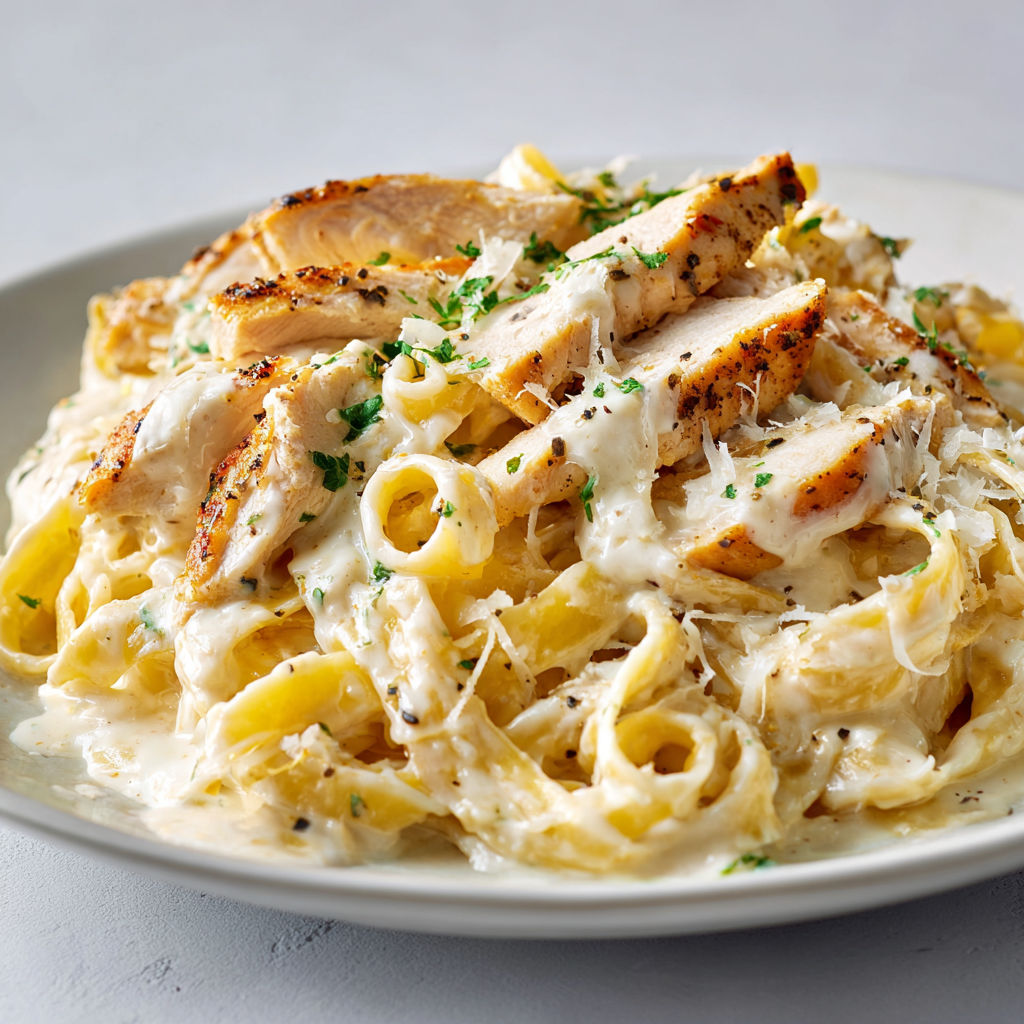 Une assiette de fettuccine Alfredo au poulet, garnie d’herbes fraîches, attend sur une table.