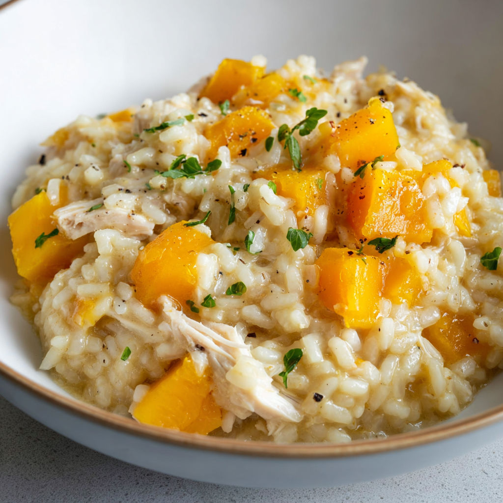 Un plat de risotto au poulet et à la courge butternut, fondant et ultra gourmand, servi dans un bol blanc.