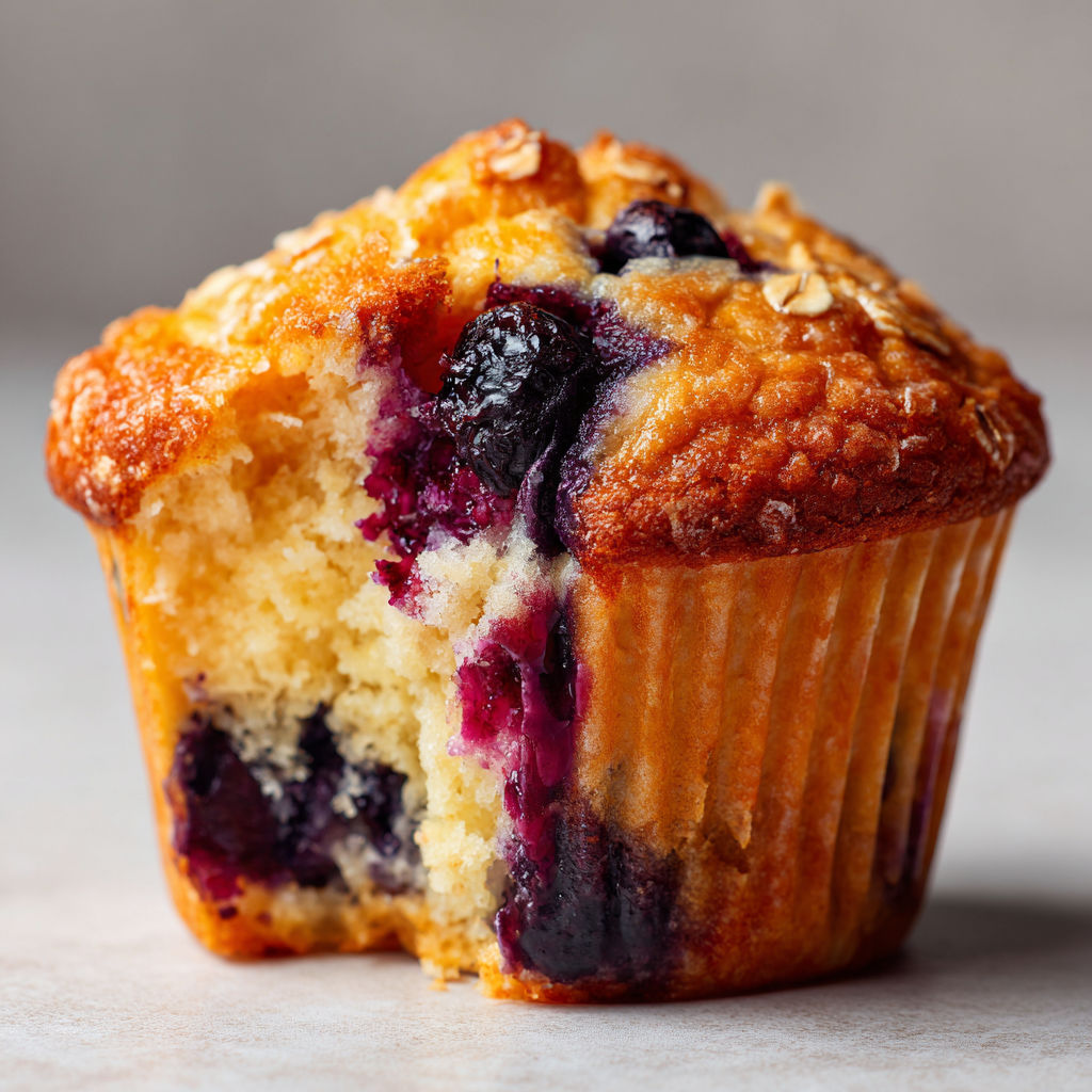 Une belle part de muffin aux bleuets avec du beurre dessus, bien mise en valeur.