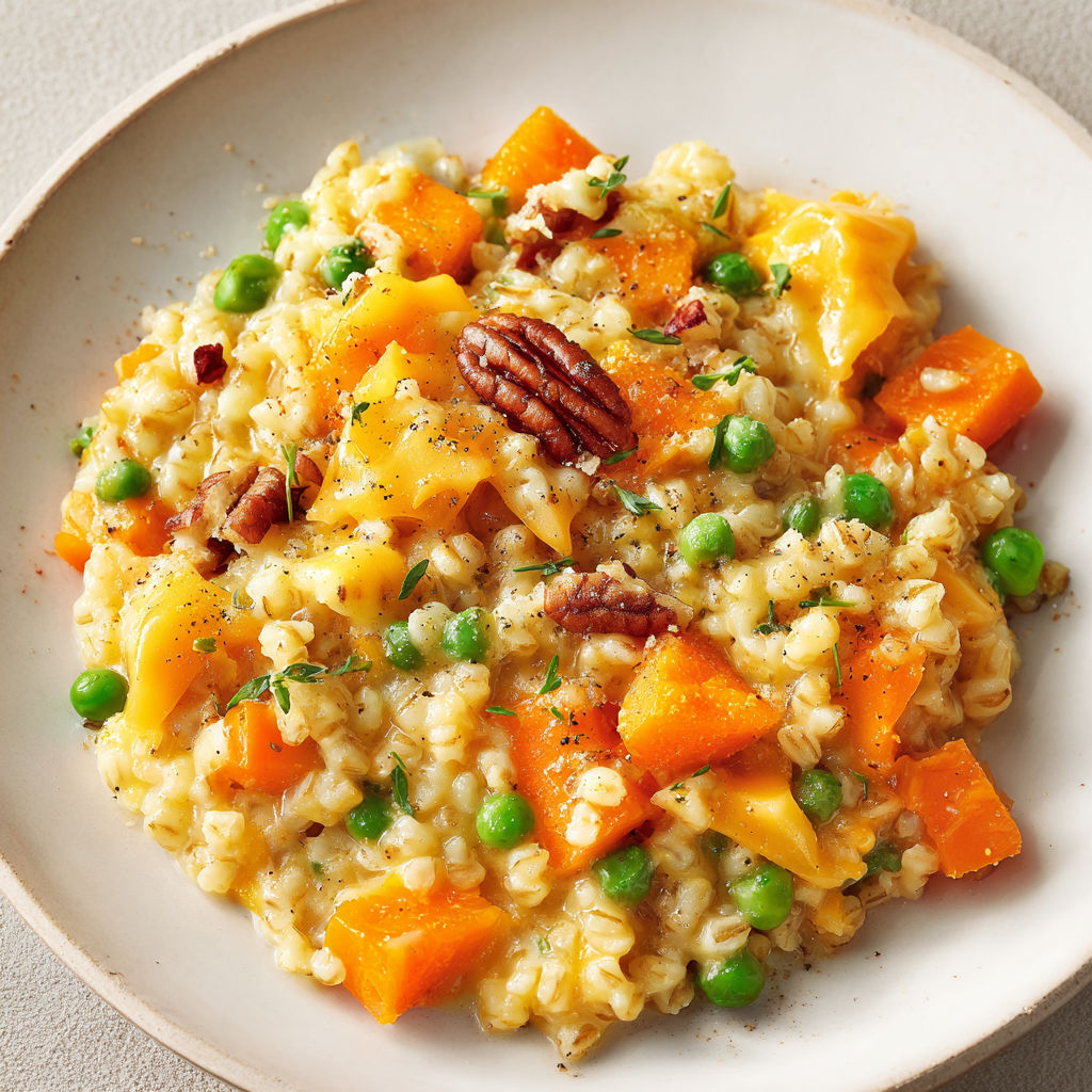 Un bol d’orge aux légumes et cheddar, carottes et pois verts visibles, prêt à être dégusté sur la table.
