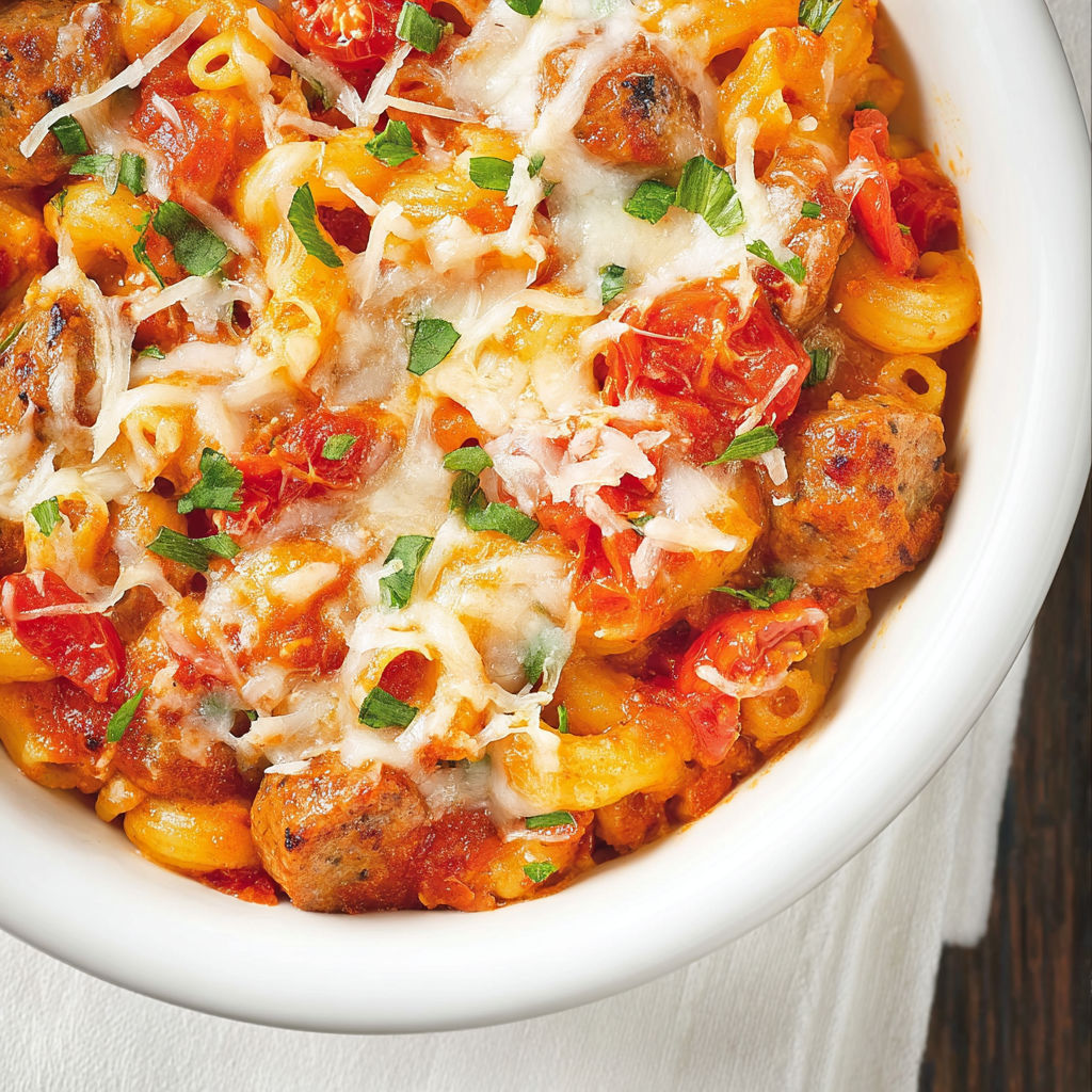 Délicieux macaroni nappé de sauce tomate et garni de boulettes de viande fondantes.