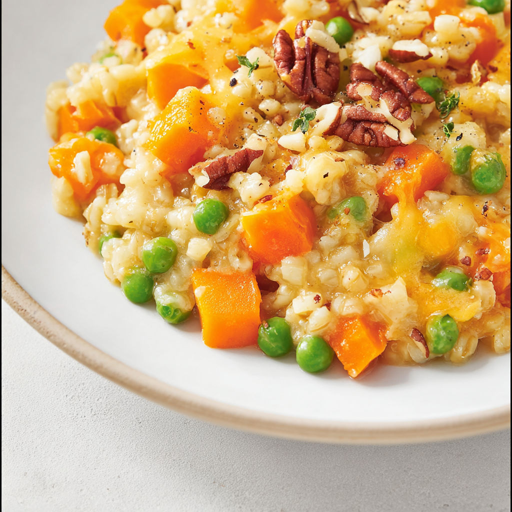 Un gratin gourmand d'orge, cheddar fondu, carottes et pois, prêt à être dégusté.