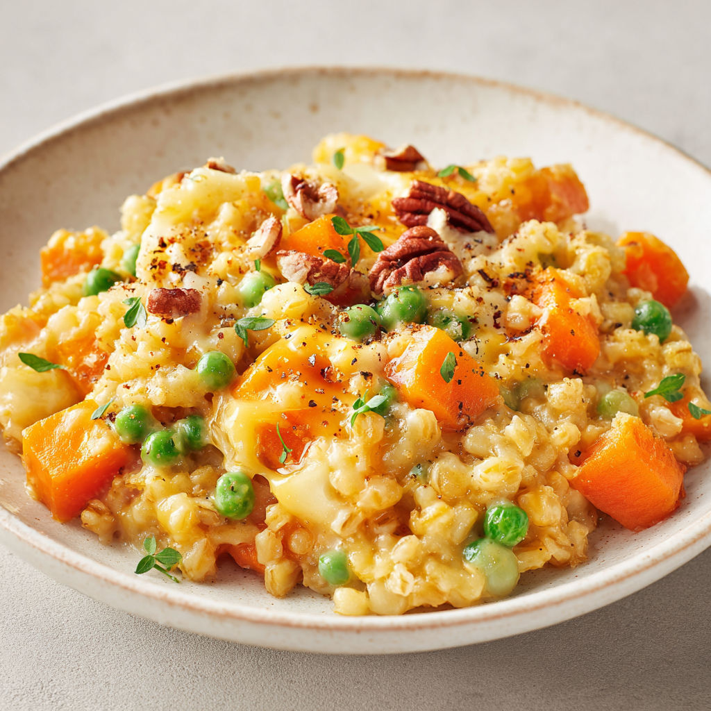 On découvre une assiette d'orge onctueux aux légumes, cheddar doré, carottes et petits pois sur la table.