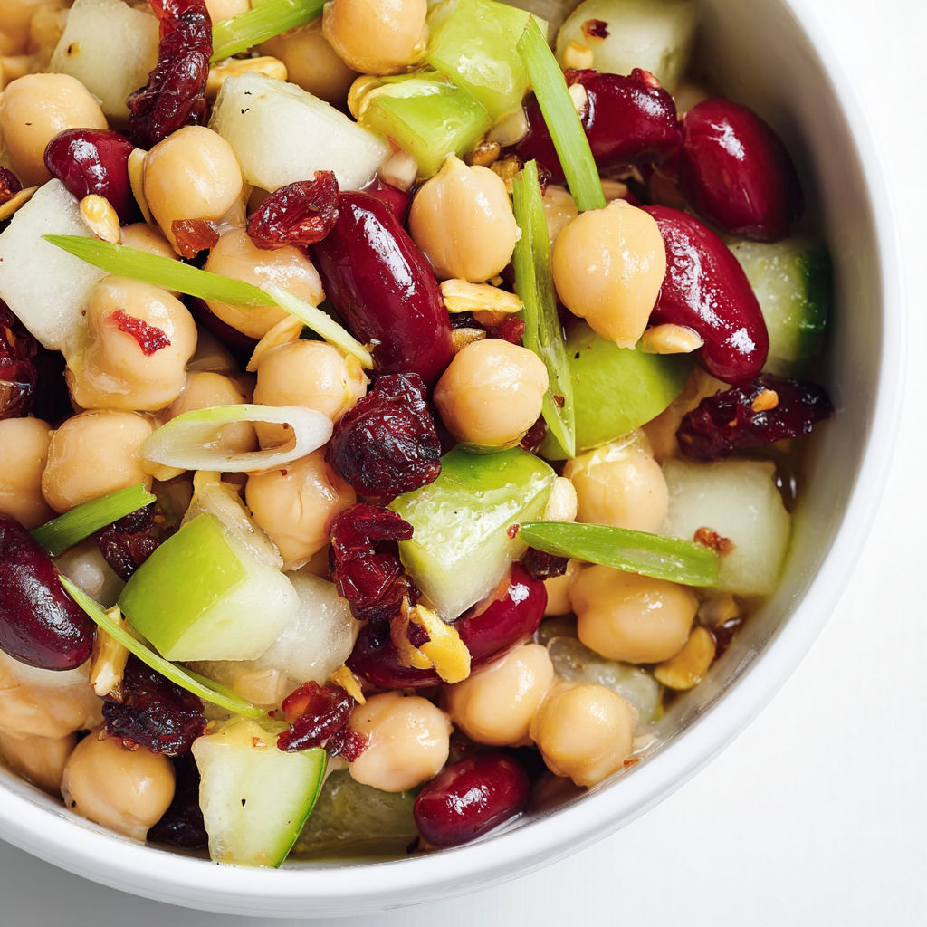 Salade pleine de couleurs avec pommes, légumineuses et canneberges.
