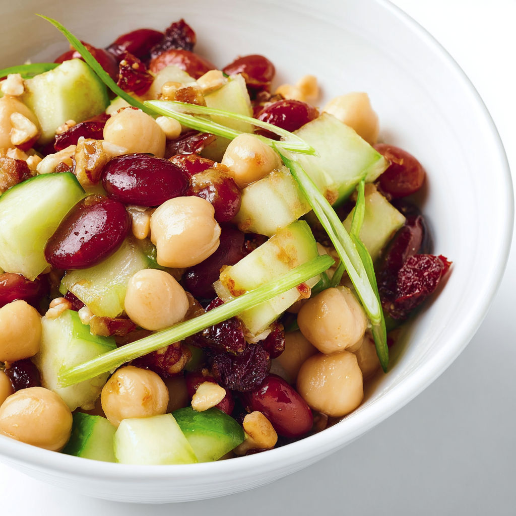 Une assiette fraîche pleine de pois chiches, tomates cerises, concombre, raisins, noix et feuilles d’épinards verte, présentée dans un bol blanc.
