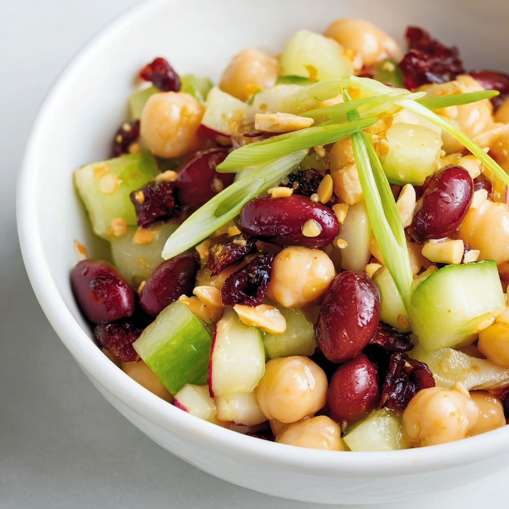 Bol blanc rempli de pois chiches, dés de concombre, tomates cerises et raisins secs, bien mélangés.