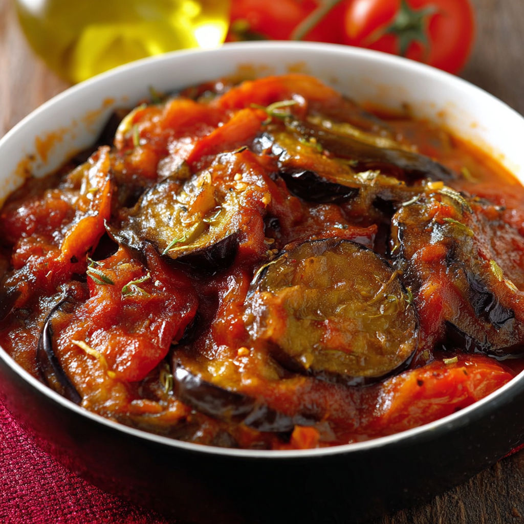 Un bol en verre rempli de raviolis, aubergines et tomates, joliment dressé.
