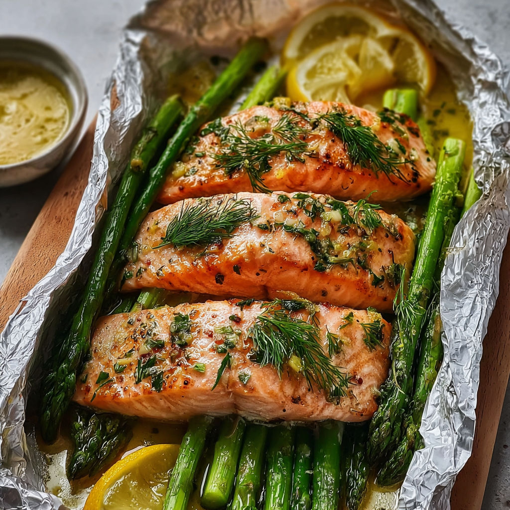 Saumon en papillote au four et asperges vertes (simple et sain) - Saumon doré, asperges fraîches, sauce citron toute douce.