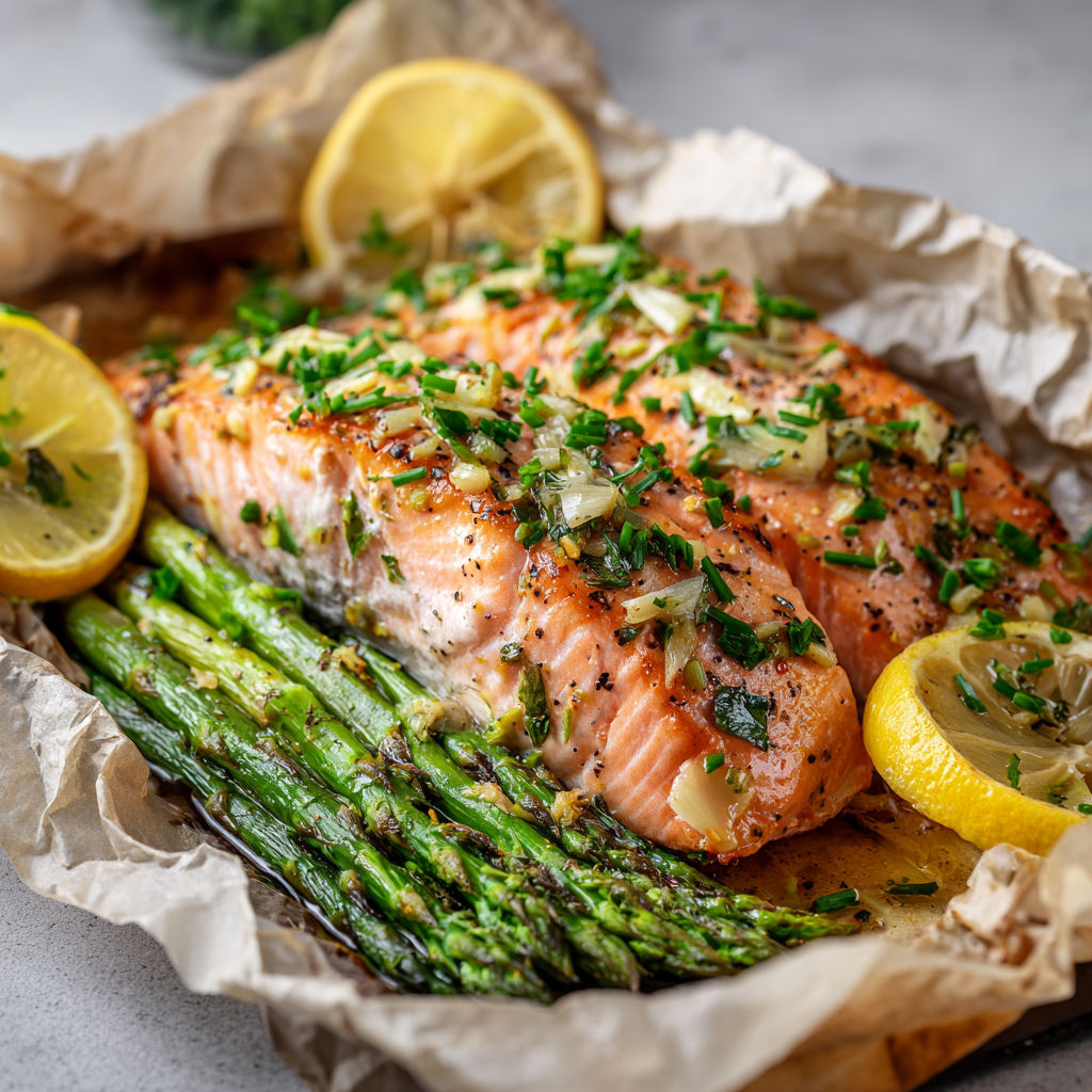 Poisson grillé accompagné de légumes verts et de tranches de citron.