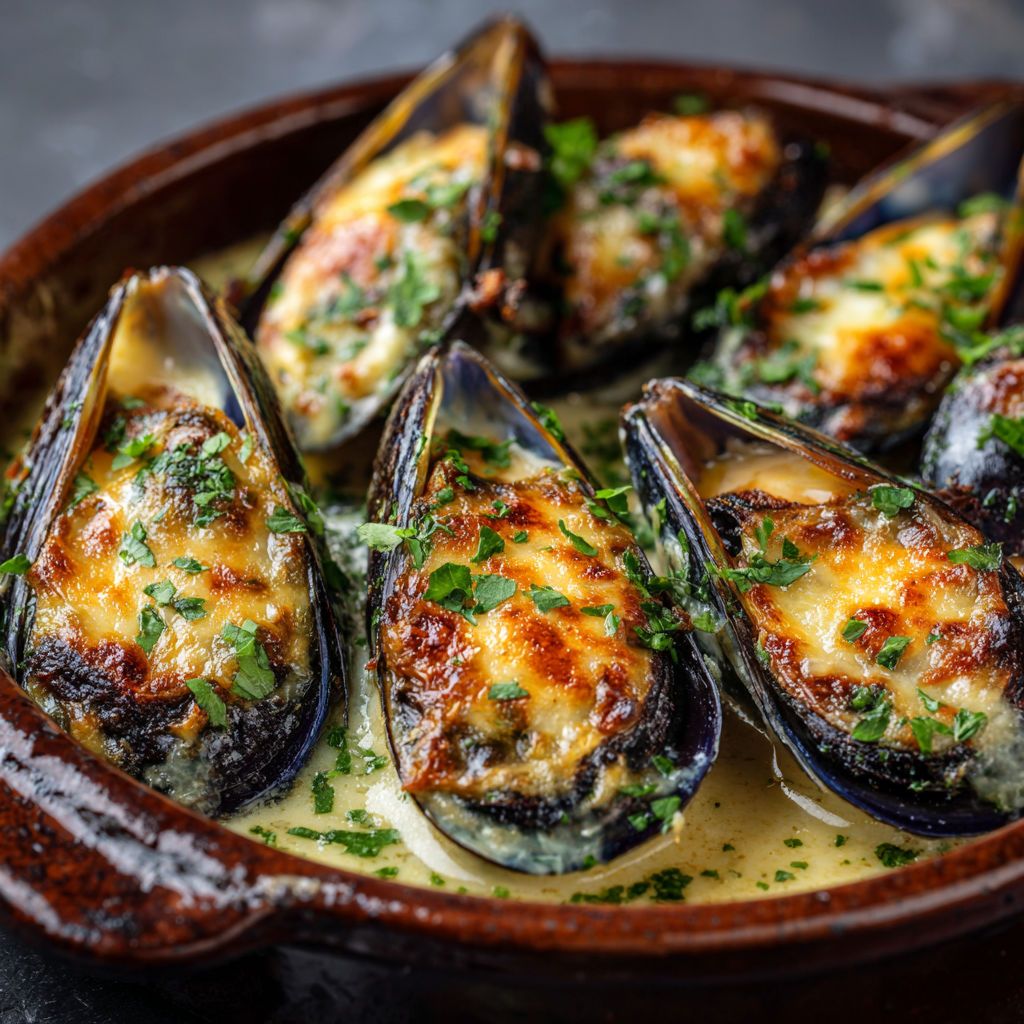 Des moules généreusement gratinées à la sauce au fromage et herbes fraîches.