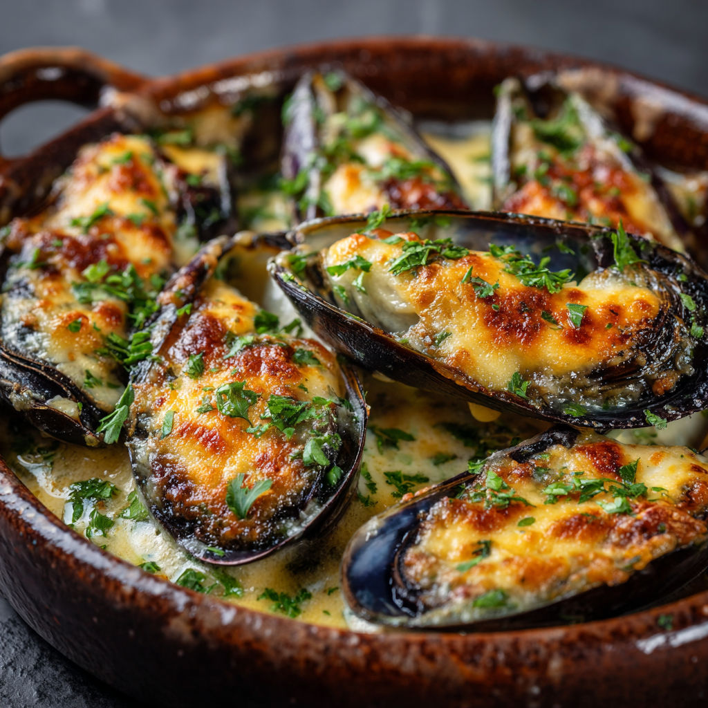 Une cocotte débordante de moules gratinées au Comté, servie en bol.