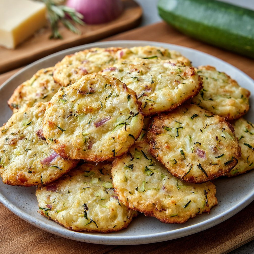Petits cookies salés moelleux à la courgette, parmesan et oignon rouge sur une assiette.