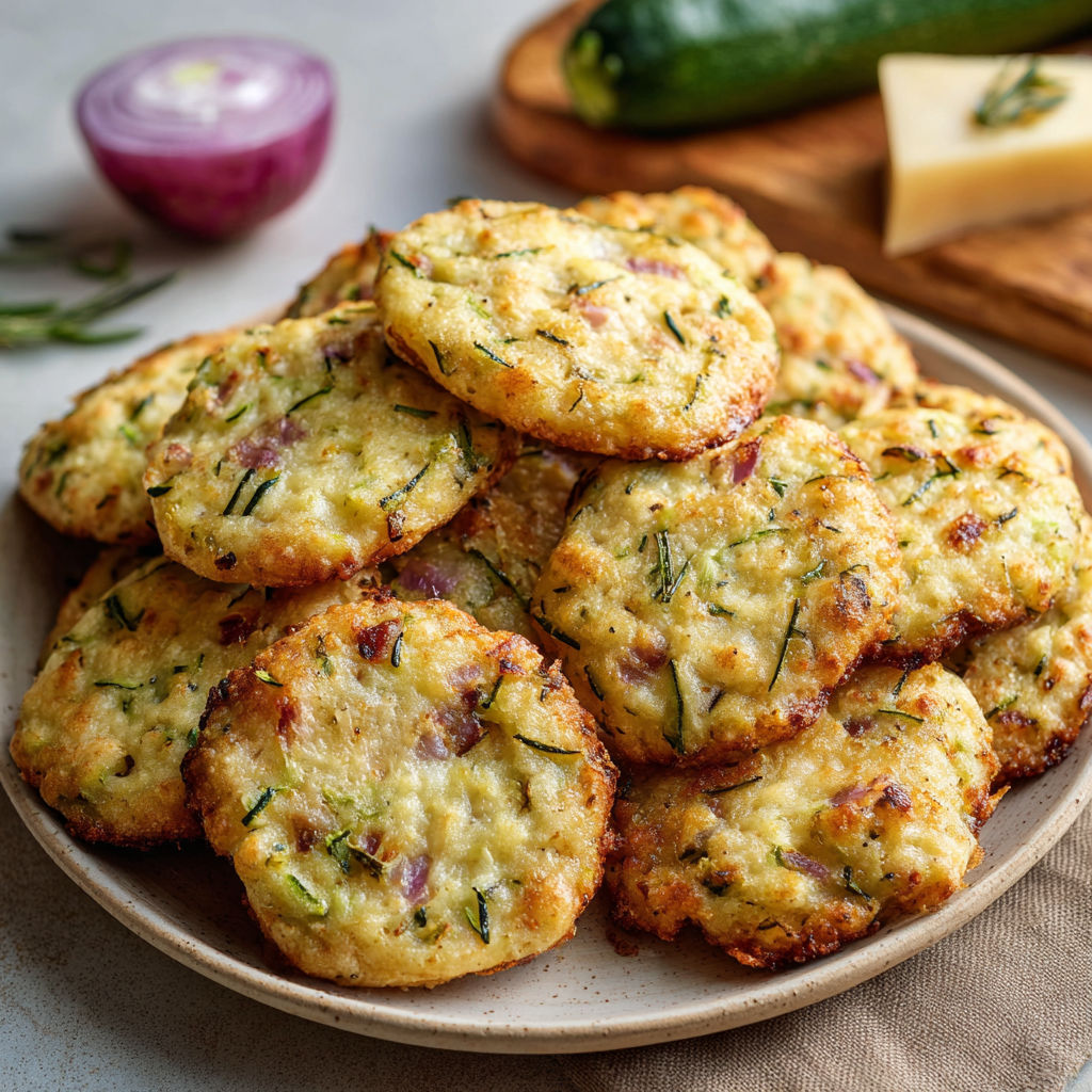 Un tas de biscuits salés, entourés de légumes verts et fromage.