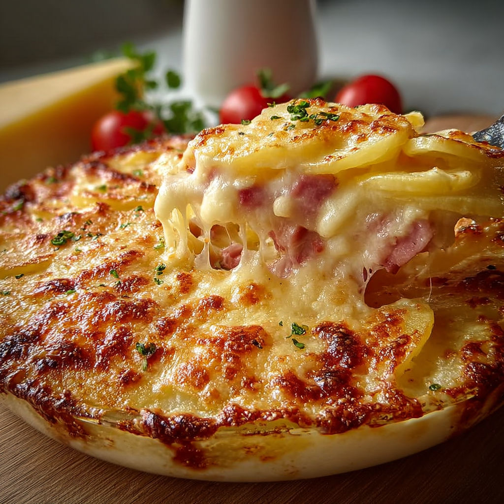 Un gratin de pommes de terre crémeux avec du jambon, tout recouvert d'une croûte épaisse de trois fromages fondants, servi sur un plat.