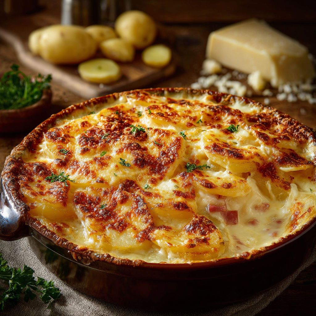 Un gratin de pommes de terre bien recouvert de fromage râpé fondant.