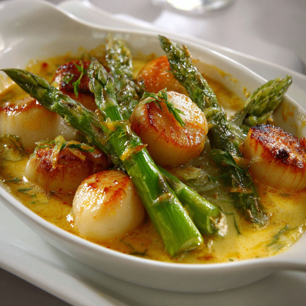 On dépose une cassolette de Saint-Jacques et asperges sur un plat, la sauce est dorée.