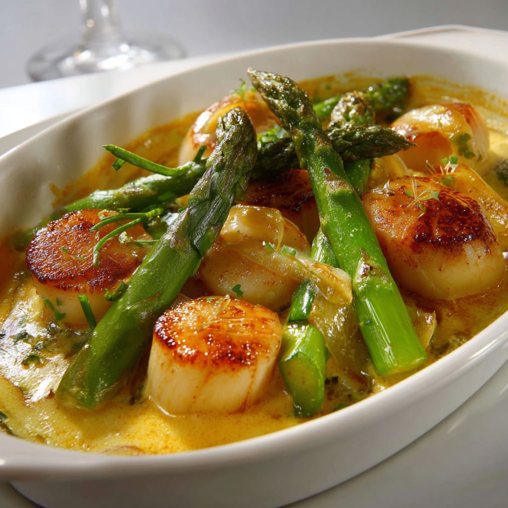 Bouillabaisse garnie d’asperges, champignons et moules.