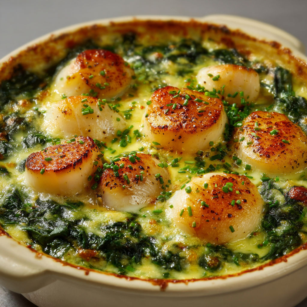 Des Saint-Jacques aux épinards servies dans un bol rustique.