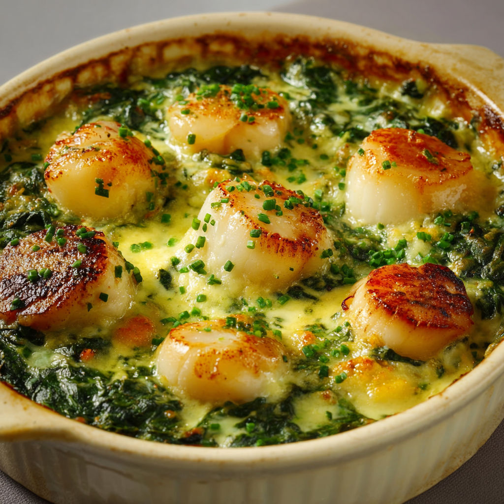 On voit une cassolette de Saint-Jacques et épinards, servie dans un bol rustique.