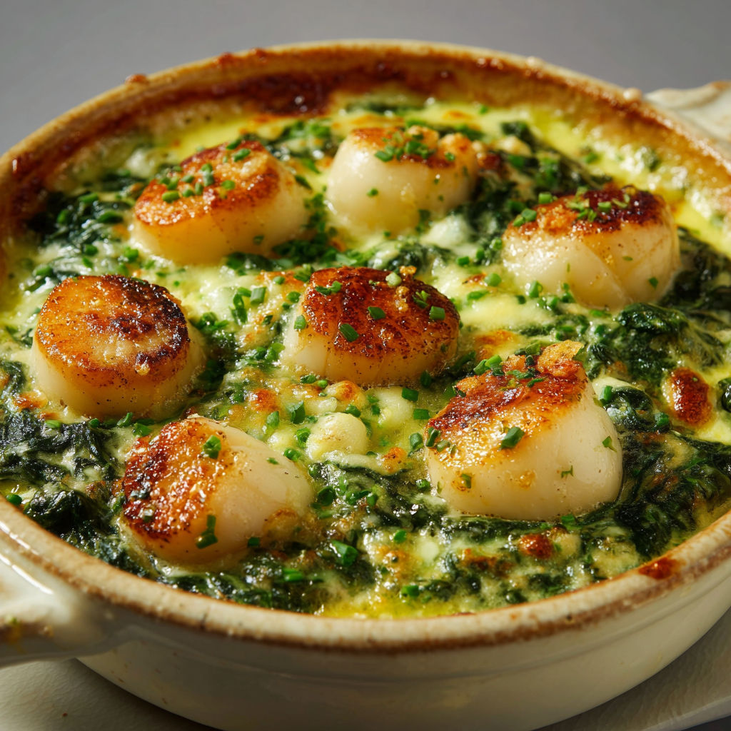 On voit une cassolette de Saint-Jacques et épinards, servie dans un bol rustique.