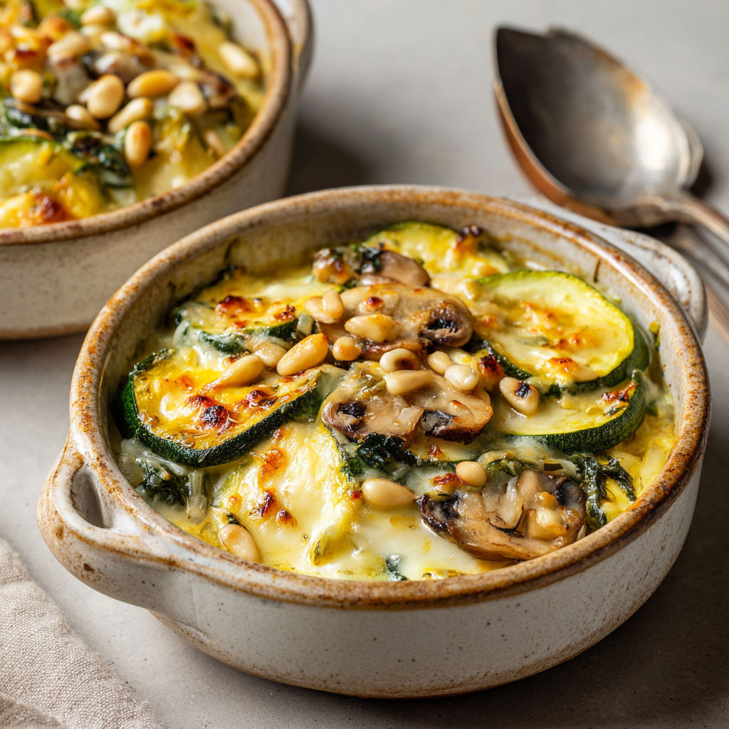 Un bol de cassolettes de courgette et champignons posé sur une table.