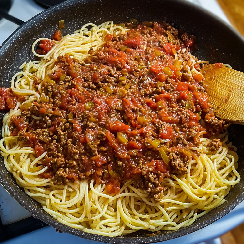 Des spaghetti bolognaise tout chauds prêts à être dégustés.