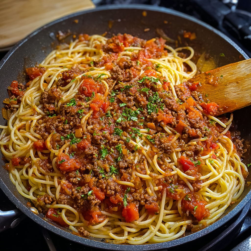 Un grand bol en acier déborde de spaghetti à la sauce bolognaise fumante.