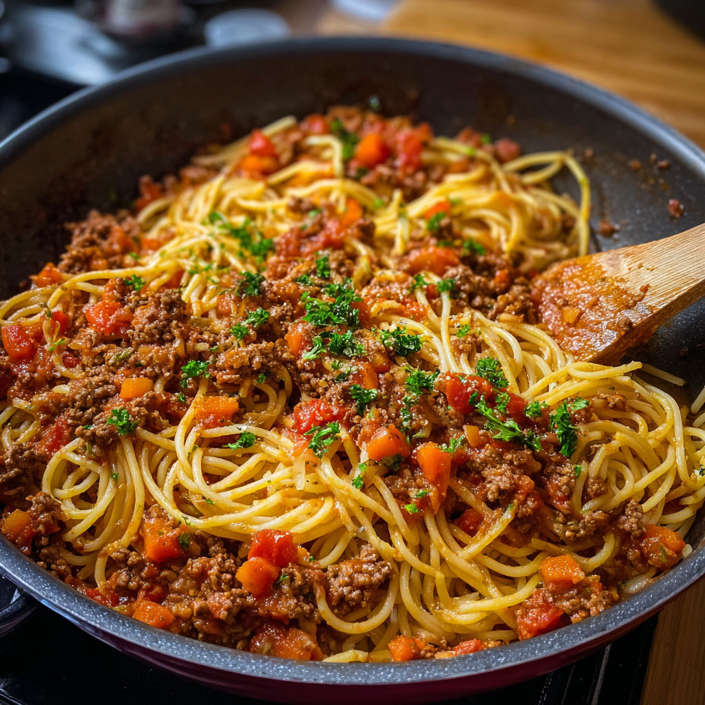 Un grand bol en acier déborde de spaghetti à la sauce bolognaise fumante.
