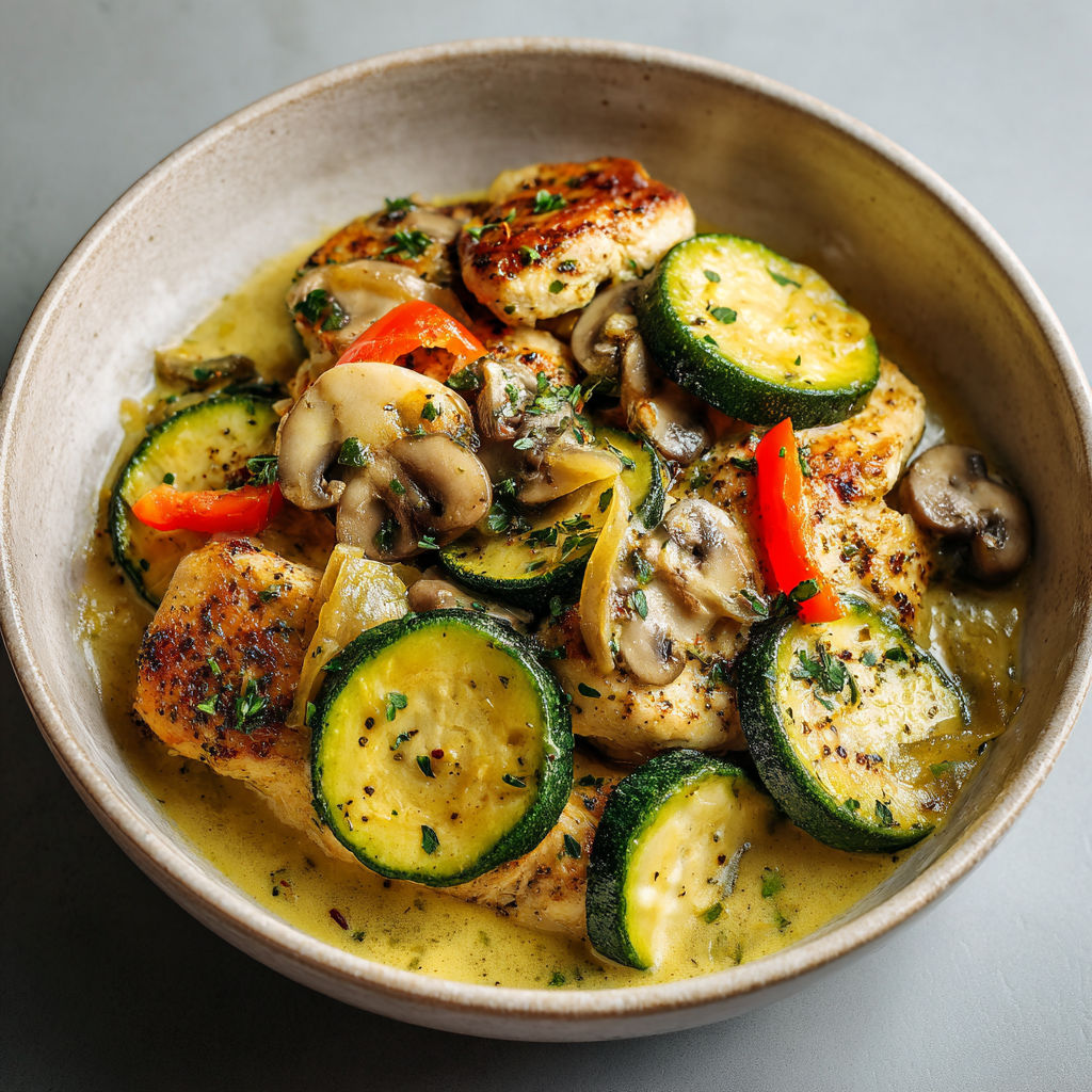 Un gratin généreux de poulet, courgettes et champignons servi bien chaud.