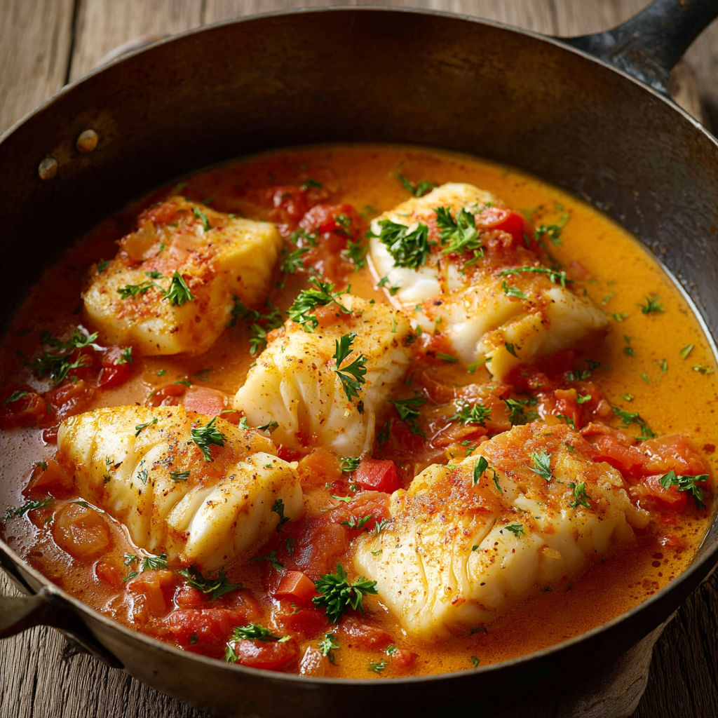 Dans une poêle, des morceaux de poisson dorés entourés de légumes et de tomates fondantes.
