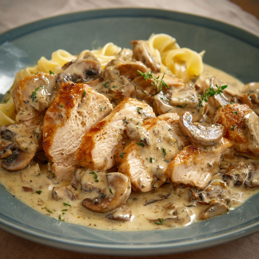 Dans l’assiette, le poulet à la moutarde côtoie plein de champignons et des spaghetti.
