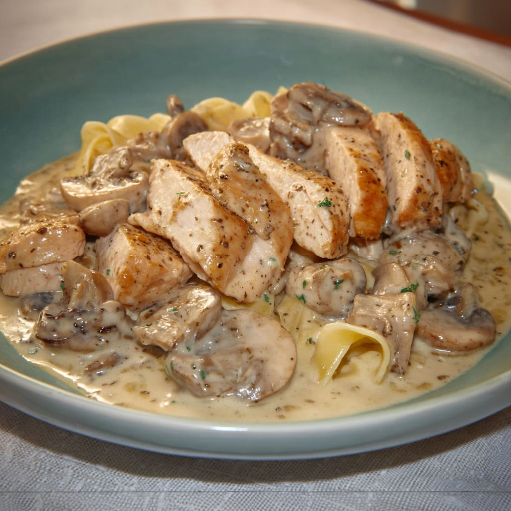 Une assiette de spaghetti avec des champignons et des viandes grillées.