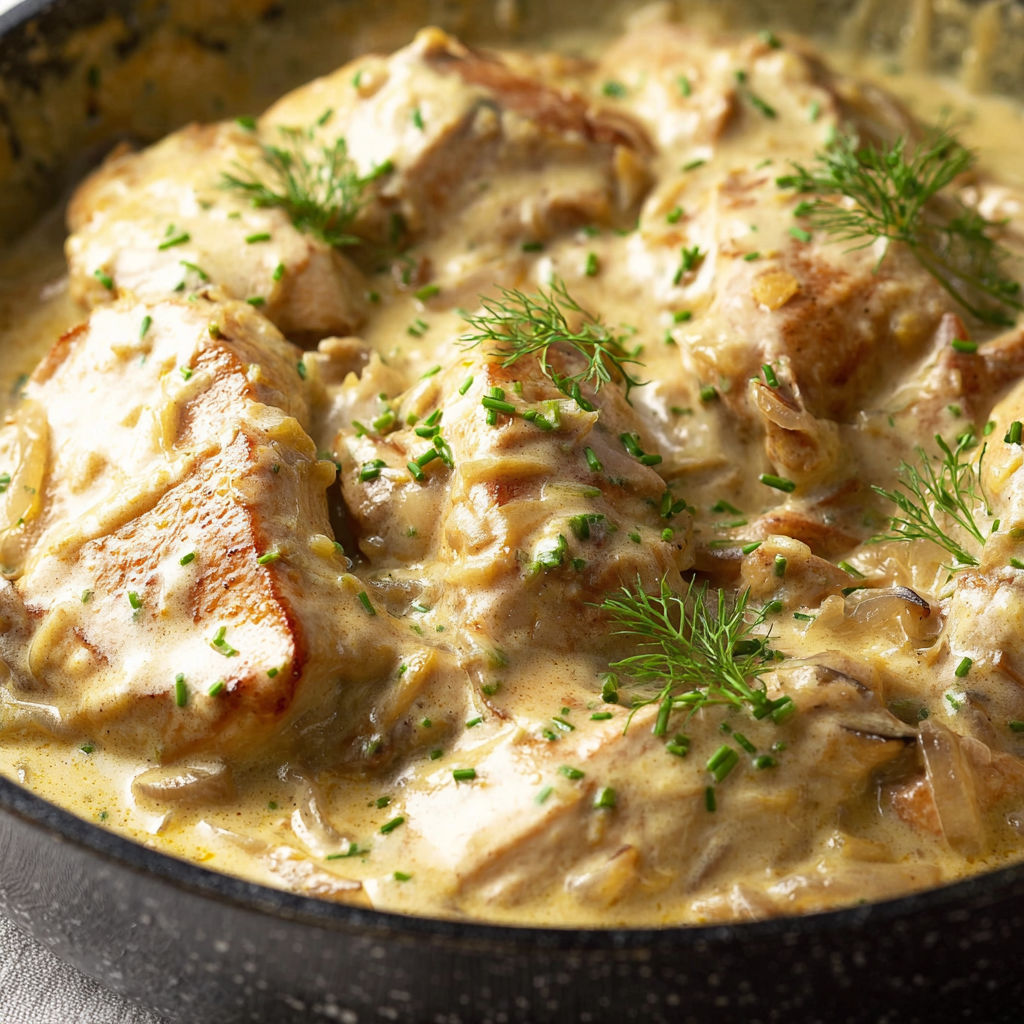 Du poulet fondant à la crème, parsemé d’herbes fraîches et champignons dans un joli bol.
