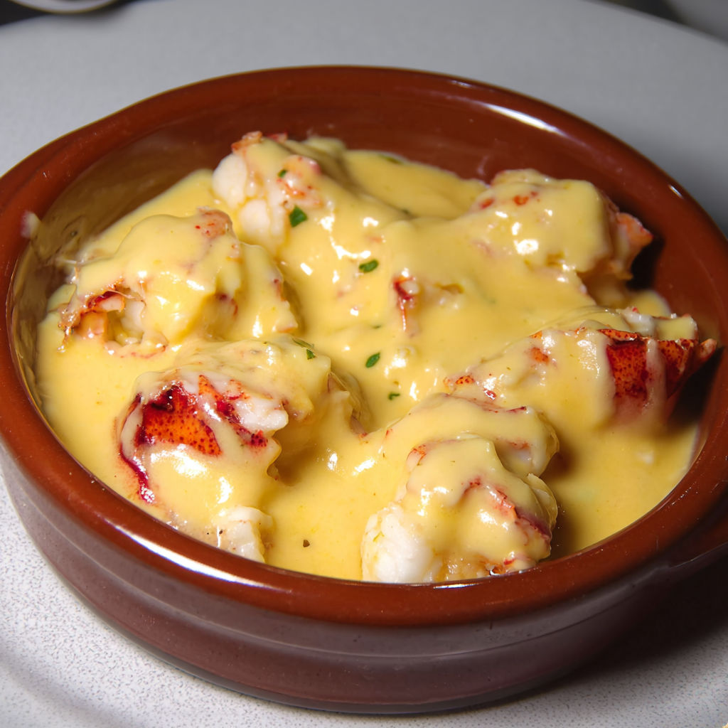 Un plat classique de Saint-Jacques et homard servi dans une cassolette en terre cuite.