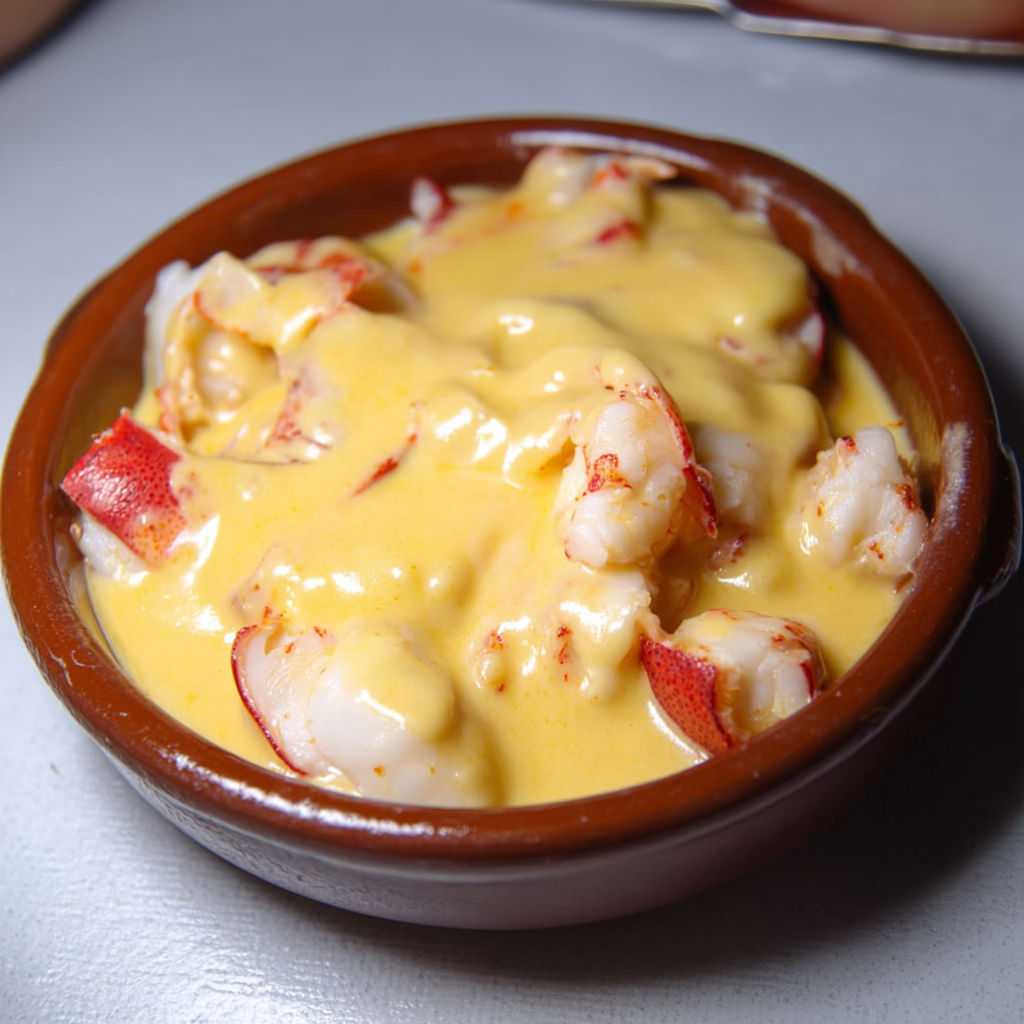 Un duo gourmand de Saint-Jacques et homard dans une cassolette en terre brune.