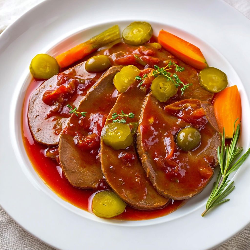 Un plat mijoté de bœuf, parsemé d'oignons et d'olives.