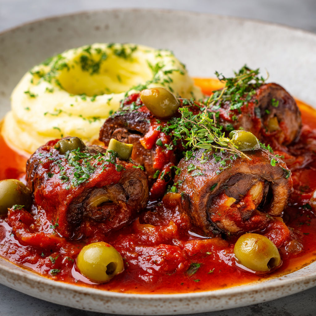 Plat de bœuf mariné dans la sauce tomate avec ail des ours.