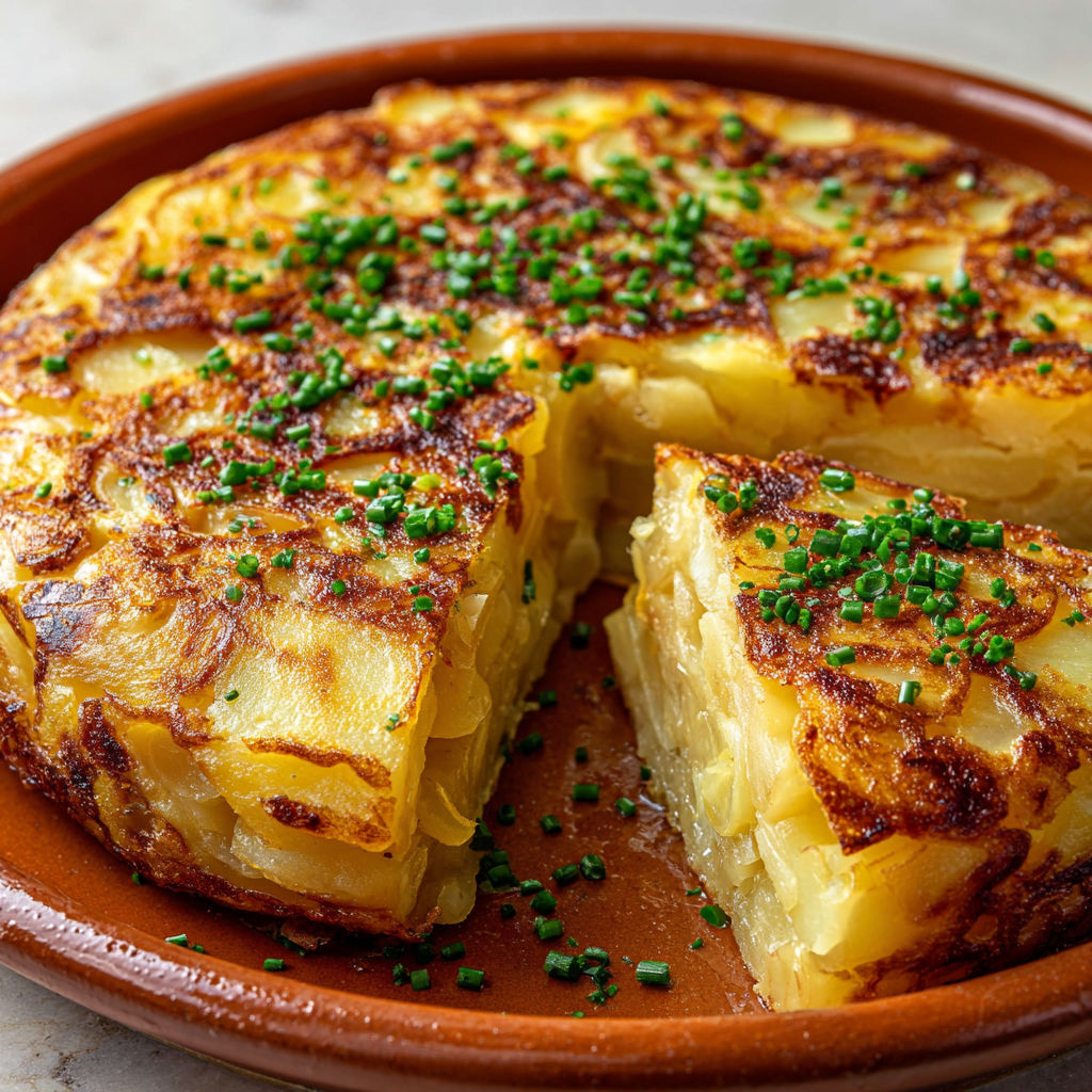 Une tarte aux pommes de terre bien dorée posée sur un plat rustique.