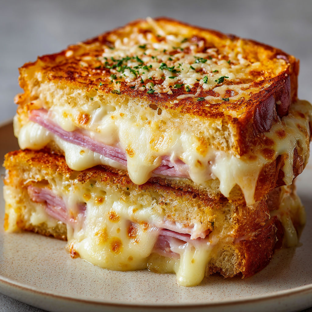 Plat de croque-monsieur doré avec jambon et fromage, quelques herbes fraîches sur le dessus.