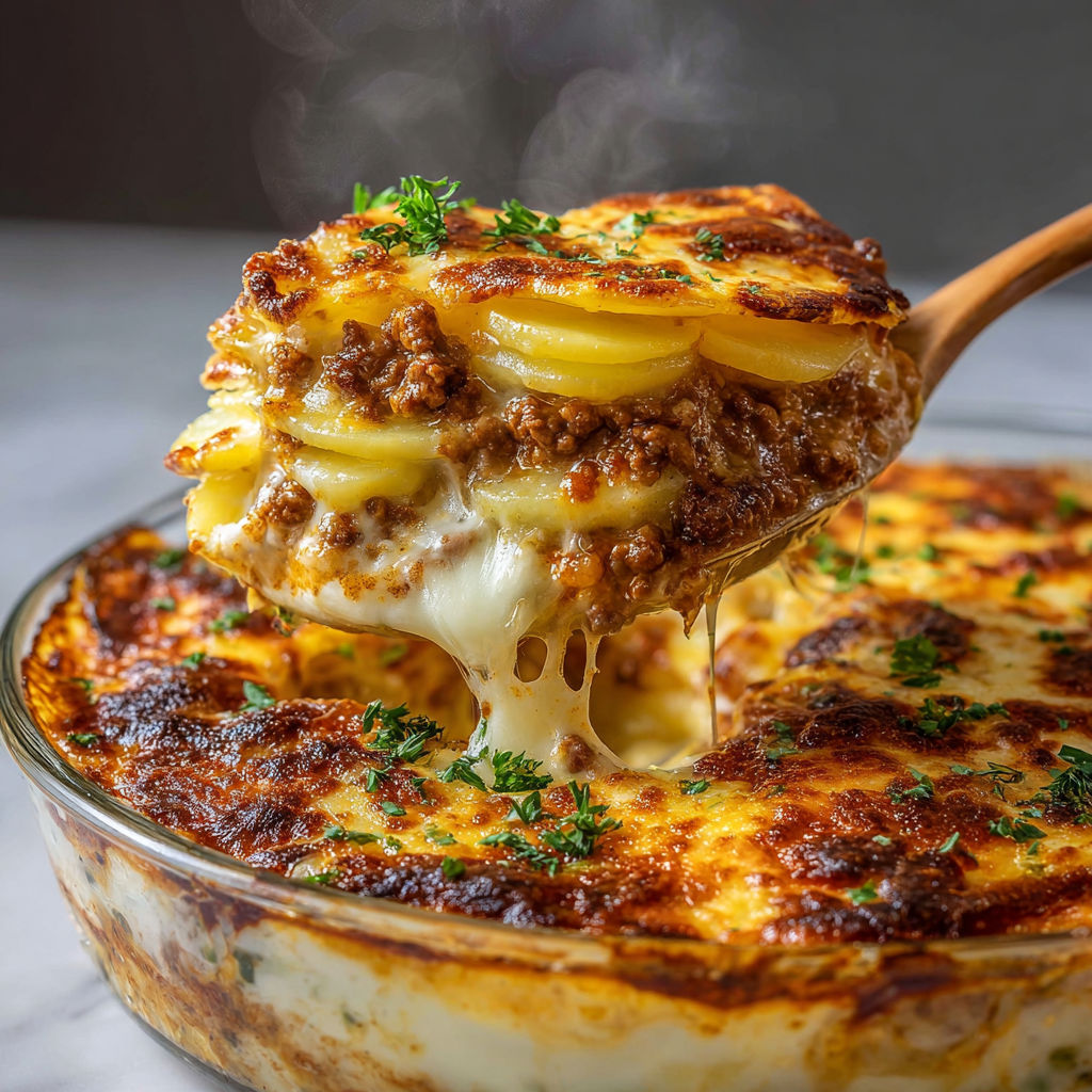 Un gratin bœuf pomme fromage tout prêt à être dégusté et bien appétissant.